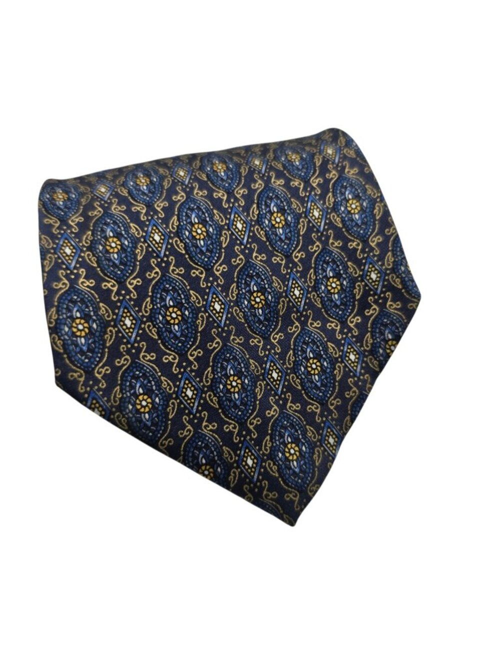 Brioni Silk Tie Navy Blue Gold Medallion Geometric Handmade Italy Luxury